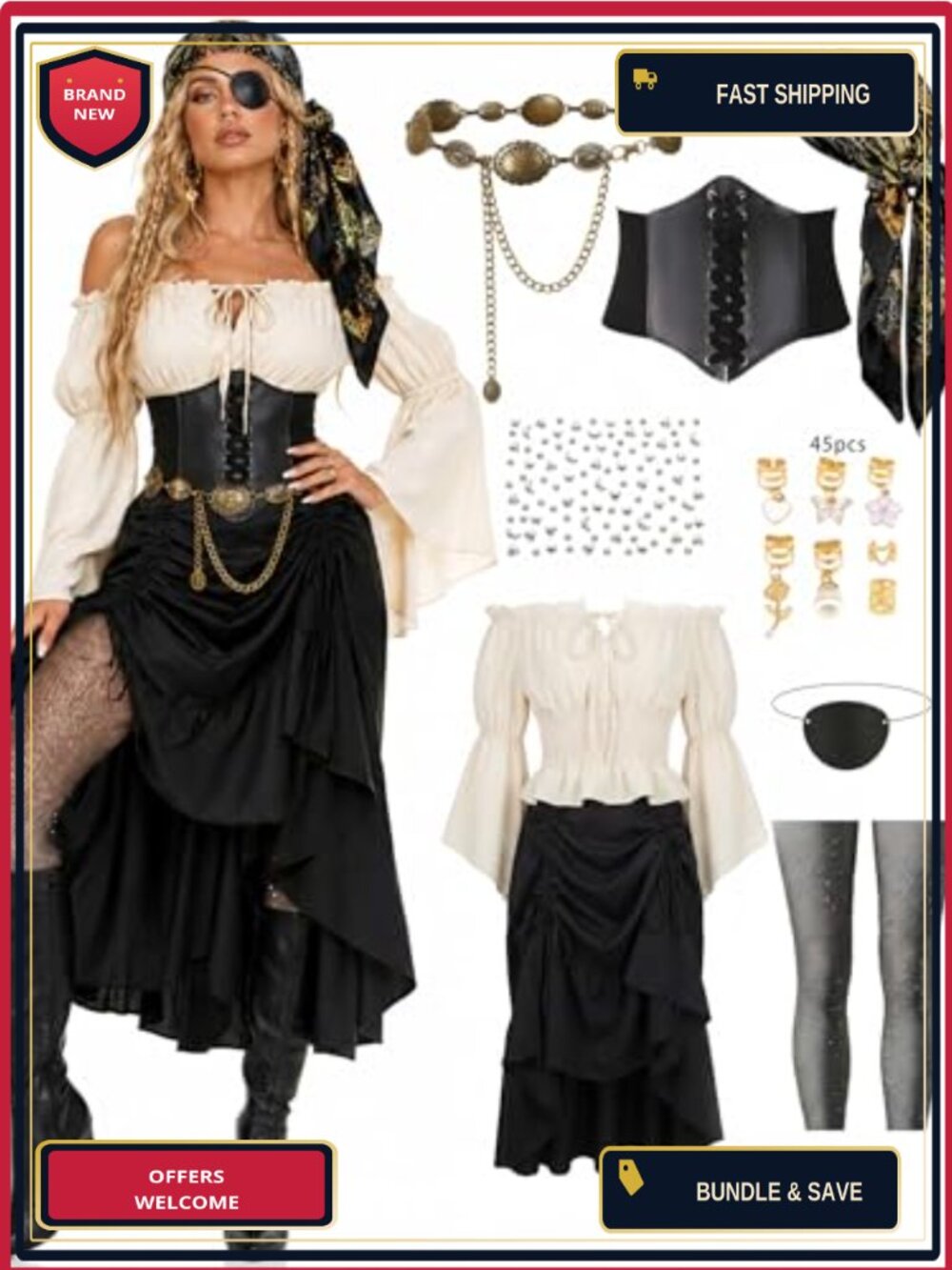 9 PCS Pirate Costume Set Faux Leather Corset Skirt Renaissance Halloween Outfit